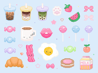 Pixel art cute stuff set. Vector 8 bit kawaii style collection of bubble tea, candies, eggs and beacon, paws, bows, lollipops, decorations, croissant, lips. Pack of game element of retro game graphic.