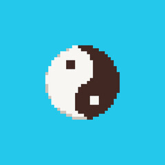 Pixel art yin yang icon. Vector 8 bit style illustration of Chinese yin and yang. Isolated black and white decorative oriental element of retro video game computer graphic.