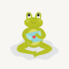 Cute love frog in cartoon style on a white background with a love letter in its paws. Illustration for Valentine's Day