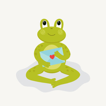 Cute love frog in cartoon style on a white background with a love letter in its paws. Illustration for Valentine's Day