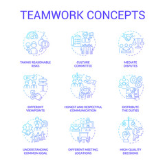 Teamwork blue gradient concept icons set. Successful collaboration. Employees coworking idea thin line color illustrations. Isolated outline drawings. Roboto-Medium, Myriad Pro-Bold fonts used