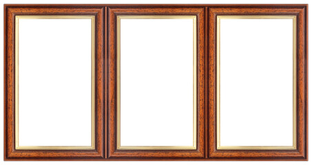 Triple wooden frame (triptych) for paintings, mirrors or photos isolated on white background....
