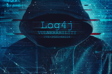 Fototapeta Hooded computer hacker in cybersecurity vulnerability Log4J concept obraz