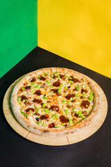 Delicious Pizza Burger Classic Homemade Artisan Tomato Sauce Sausage Cheese Onion Chicken Meat Pasta Shrimp Restaurant Menu Gourmet on a wooden table