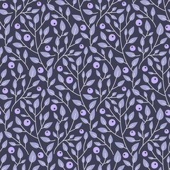 Ornate violet blueberries brunch with leaves and berries pattern. Seamless vector print for textile, fabric, apparel.
