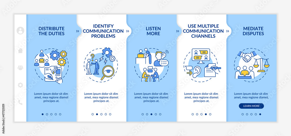 Poster ways to improve teamwork blue and white onboarding template. company strategy. responsive mobile web