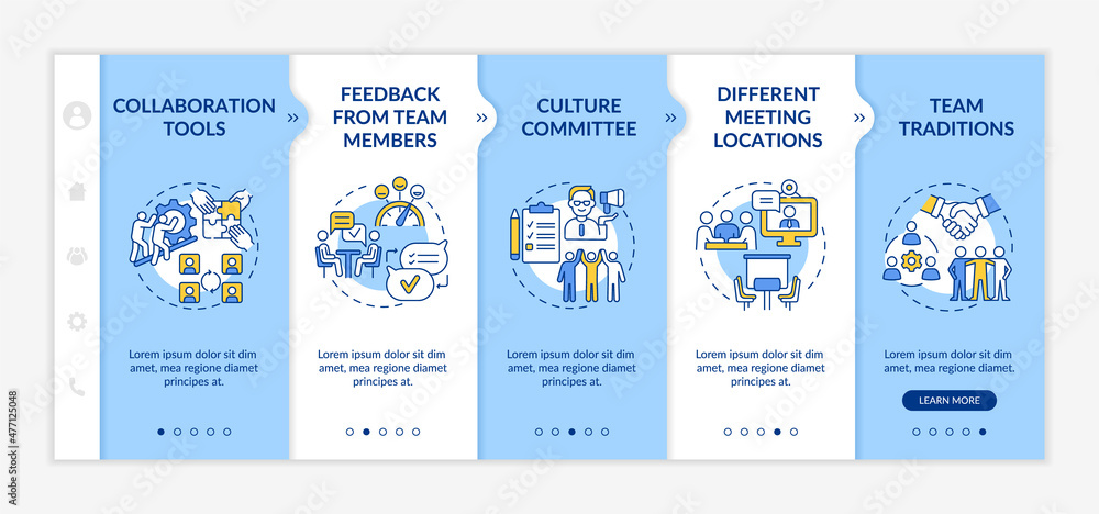 Aufkleber teamwork improving tips blue and white onboarding template. productivity boost. responsive mobile we