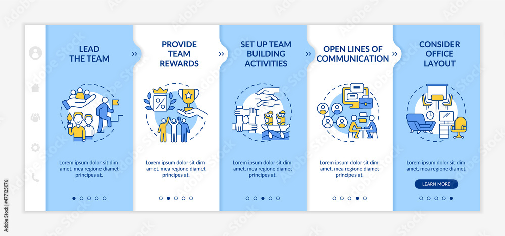 Aufkleber promoting teamwork in workplace blue and white onboarding template. team work. responsive mobile web