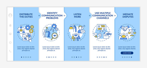Ways to improve teamwork blue and white onboarding template. Company strategy. Responsive mobile website with linear concept icons. Web page walkthrough 5 step screens. Lato-Bold, Regular fonts used