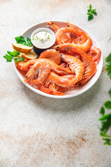 shrimp food prawns seafood pescetarian diet meal snack copy space food background rustic 