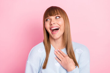 Portrait of attractive cheerful girl laughing looking aside copy space good joke 1 April isolated...