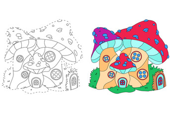 A fairytale castle inside the mushrooms. Coloring book for children. Practice of handwriting. Education Development Worksheet.
