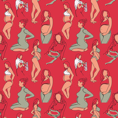 seamless pattern with pregnant women on the red background 
