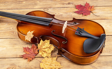 Violin on a wooden background with autumn leaves.