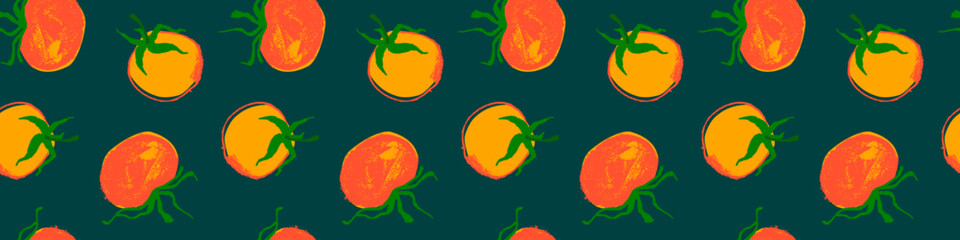 Vector Tomatoes pattern seamless for label tomato paste or Tomato juice packaging. Hand-drawn vegetarian background. Organic vegetables. Vegan ornament for eco market banner, healthy food flyer — Bio.