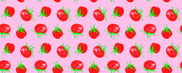 Vector Tomatoes pattern seamless for label tomato paste or Tomato juice packaging. Hand-drawn vegetarian background. Organic vegetables. Vegan ornament for eco market banner, healthy food flyer — Bio.