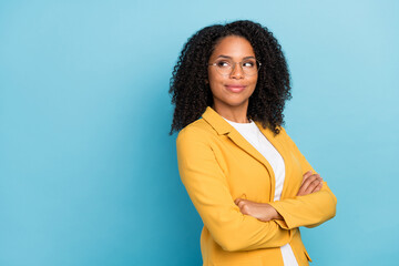 Profile side photo of young afro business woman happy positive smile dream think look empty space...