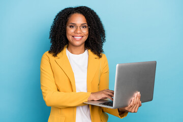 Photo of young black business woman happy positive smile chat email laptop programmer isolated over...