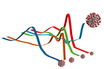 Graphic illustration of the Covid-19 virus mutations (in Greek Alphabet; Alpha, Beta, Gamma, Delta and Omicron)