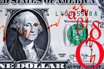 US dollar banknote and graphic illustration of Covid-19 mutations and red financial chart