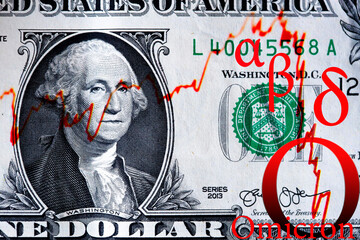 US dollar banknote and graphic illustration of Covid-19 mutations and red financial chart
