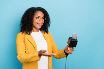 Profile side photo of young afro woman happy positive smile journalist interview reporter isolated...