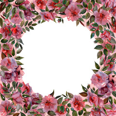 Watercolor floral frame with buds,branches and rose inflorescences with a circle in the center.Can be used as a postcard,invitation card for a wedding,birthday and other holiday and summer backgrounds