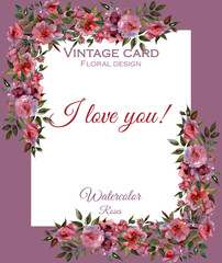Watercolor greeting card with buds,branches and inflorescences of roses on a purple background.Can be used as a postcard,invitation card for a wedding,birthday and other holiday and summer backgrounds