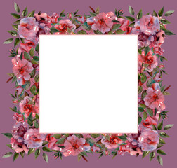 Watercolor floral frame with buds, branches and rose inflorescences on a pink background. Can be used as a postcard, invitation card for a wedding, birthday and other holiday and summer backgrounds.
