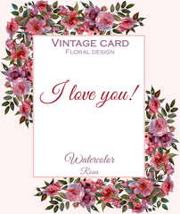 Fototapeta na wymiar Watercolor floral card with buds, branches and rose inflorescences on a pink background. Can be used as a postcard, invitation card for a wedding, birthday and other holiday and summer backgrounds.