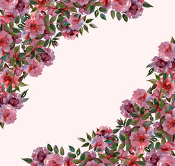Watercolor substrate with rosebuds, branches and inflorescences on a pink background. Can be used as a postcard, invitation card for a wedding, birthday and other holiday and summer backgrounds. 