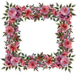 Watercolor floral frame with buds,branches and rose inflorescences on an isolated background.Can be used as a postcard, invitation card for a wedding,birthday and other holiday and summer backgrounds.