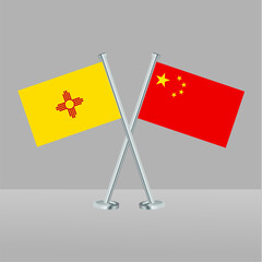 Crossed flags of State of New Mexico and China. Official colors. Correct proportion. Banner design
