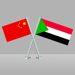 Crossed flags of Sudan and China. Official colors. Correct proportion. Banner design
