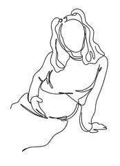 Vector continuous line art of pregnant curly woman holding her belly 