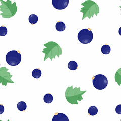 Seamless vector pattern with the image of black currant berries and its leaves on a white background. Print for factories, textiles, mugs, packaging paper. Forest plants