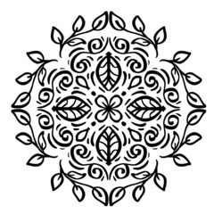 Ornamental mandala design background with leaves. Black and white. 