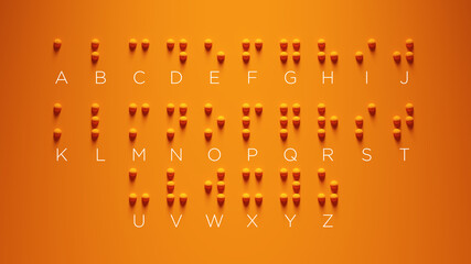 Braille Alphabet Guide A-Z Visually Impaired Writing System Symbol Formed out of Orange Spheres with Orange Background International Braille Day 4 January Communicate 3d illustration - obrazy, fototapety, plakaty