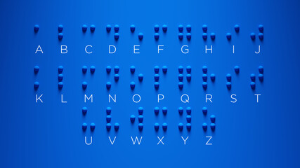 Braille Alphabet Guide A-Z Visually Impaired Writing System Symbol Formed out of Blue Spheres with Blue Background International Braille Day 4 January Communicate 3d illustration