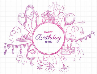 Happy birthday postcard colorful doodle sketch background