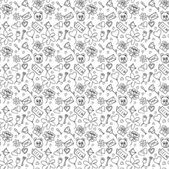 Valentine's day pattern. Seamless pattern with hearts, giftbox, flowers, teddy bear, rose. Set of valentine's day icons