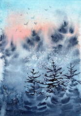 Watercolor illustration of a winter landscape with dark fir trees against the dawn sky and several birds above them