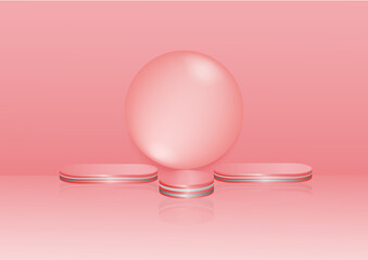 Display product podium scene. Abstact 3D product background pink rendering with circle wall scene. You can use for show cosmetic products, stage showcase.