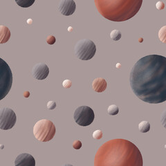 Textured planets. Endless space. Night travel. Seamless pattern on a beige background.
