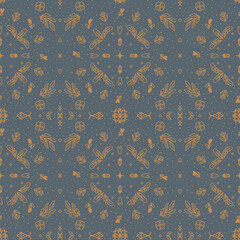 Autumn doodle ornament. Gold plants, flowers and symbols. Seamless pattern on a gray-blue background.