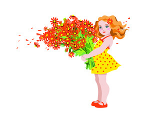 Little girl in a yellow dress holding a huge bouquet of flowers. Vector illustration.