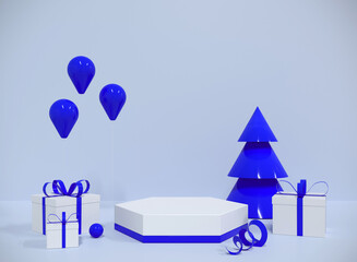 Fototapeta premium 3d rendering hexagonal podium, tree, gifts, decors and blue wall with floor