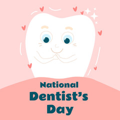 A cute and happy tooth smiles in his mouth and he is happy. Postcard National Dentist Day in cartoon flat children's style in gentle pink colors. Vertical festive banner for web design and print.