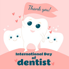 A cute and happy tooth in the mouth on a pink and healthy gum is holding a flag with the words Thank you. National dentist day greeting card in cartoon flat childrens style.