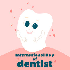The ample tooth in his mouth smiles and he is happy. Card for International Dentist Day in flat cartoon style. Vertical size and pink tones of the postcard.